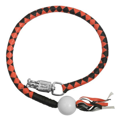 BSM4715 LEATHER BIKER WHIP–ORANGE/BLACK W / WHITE POOL BALL
