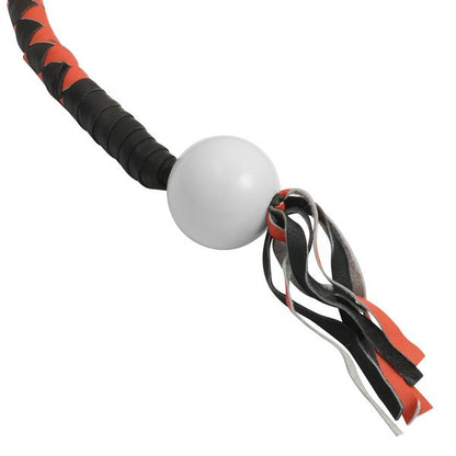 BSM4715 LEATHER BIKER WHIP–ORANGE/BLACK W / WHITE POOL BALL