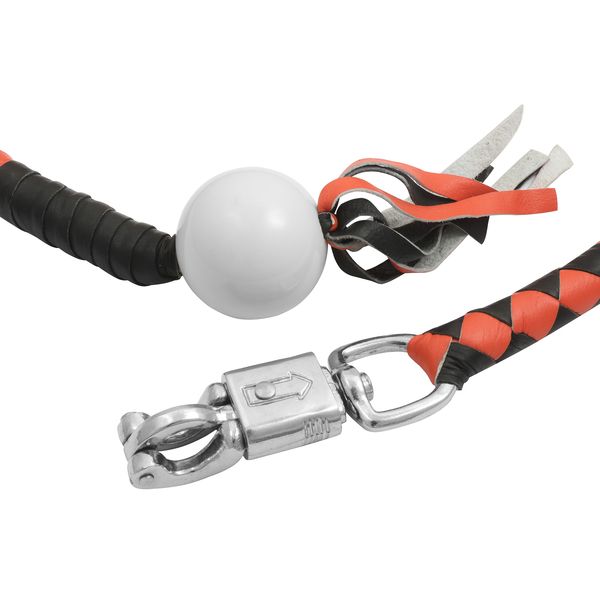 BSM4715 LEATHER BIKER WHIP–ORANGE/BLACK W / WHITE POOL BALL