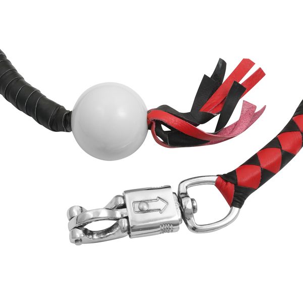 BSM4717 LEATHER BIKER WHIP–RED/BLACK W / WHITE POOL BALL