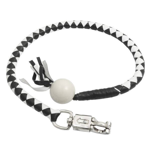 BSM4718 LEATHER BIKER WHIP–WHITE/BLACK W / WHITE POOL BALL