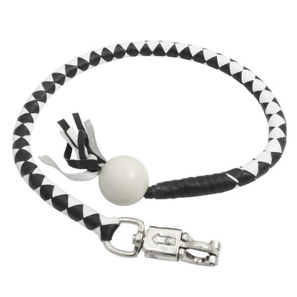 BSM4718 LEATHER BIKER WHIP–WHITE/BLACK W / WHITE POOL BALL
