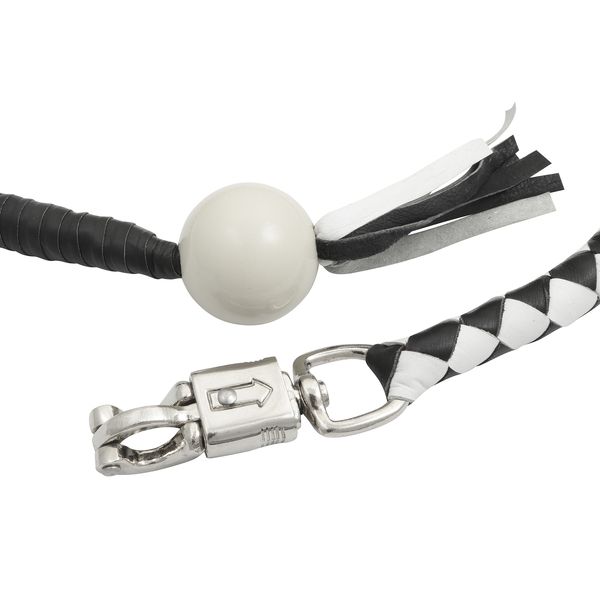 BSM4718 LEATHER BIKER WHIP–WHITE/BLACK W / WHITE POOL BALL