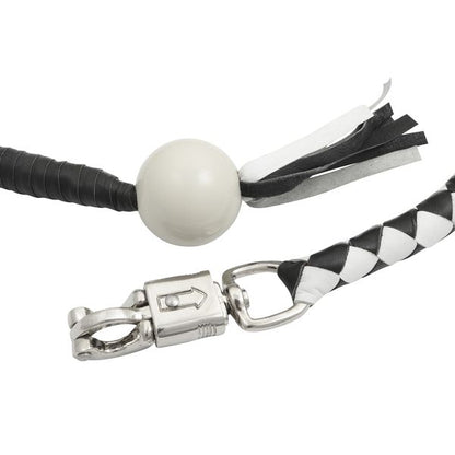 BSM4718 LEATHER BIKER WHIP–WHITE/BLACK W / WHITE POOL BALL