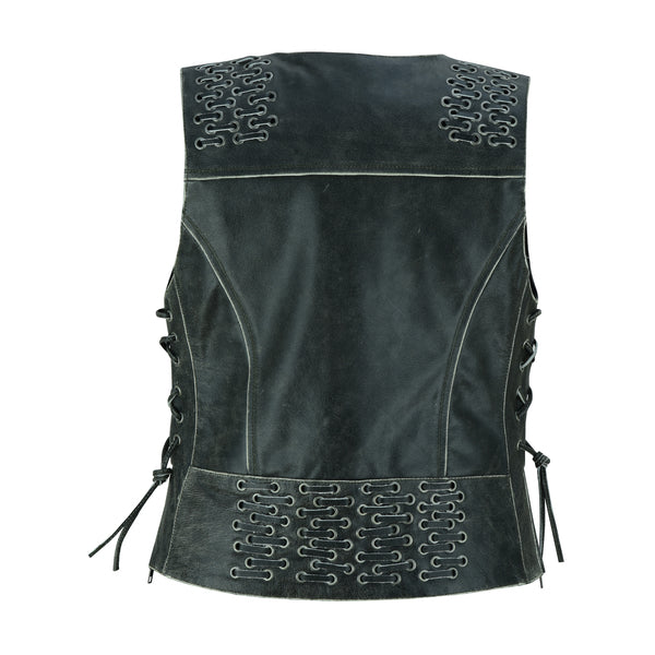 BSM2521 Women's Gray Vest with Grommet and Lacing Accents