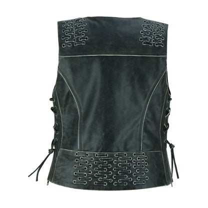 BSM2521 Women's Gray Vest with Grommet and Lacing Accents