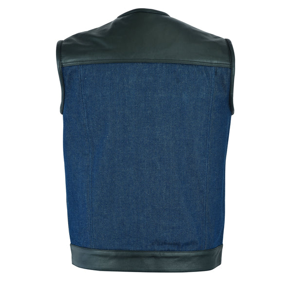 BSM1566 Men's Leather/Denim Combo Vest (Black/Broken Blue)