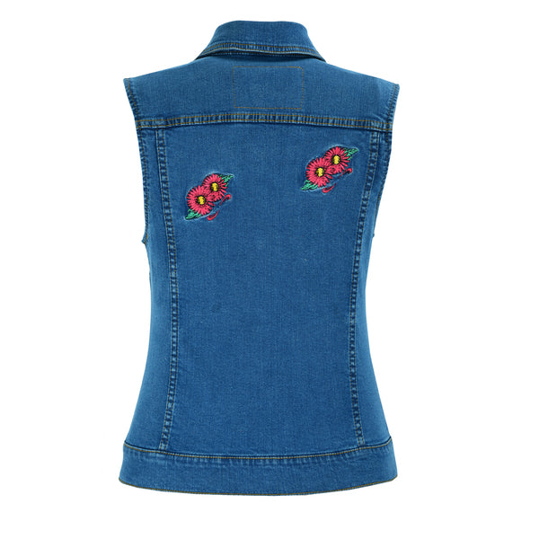 BSM2537 Women's Blue Denim Snap Front Vest with Red Daisy