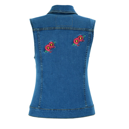 BSM2537 Women's Blue Denim Snap Front Vest with Red Daisy