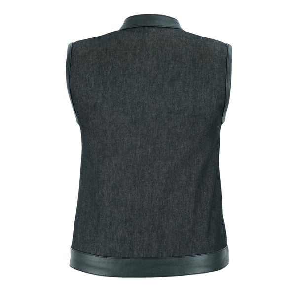 BSM2544 Women's Rough Rub-Off Raw Finish Denim Vest W/Leather Trim