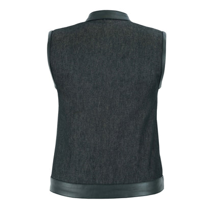 BSM2544 Women's Rough Rub-Off Raw Finish Denim Vest W/Leather Trim