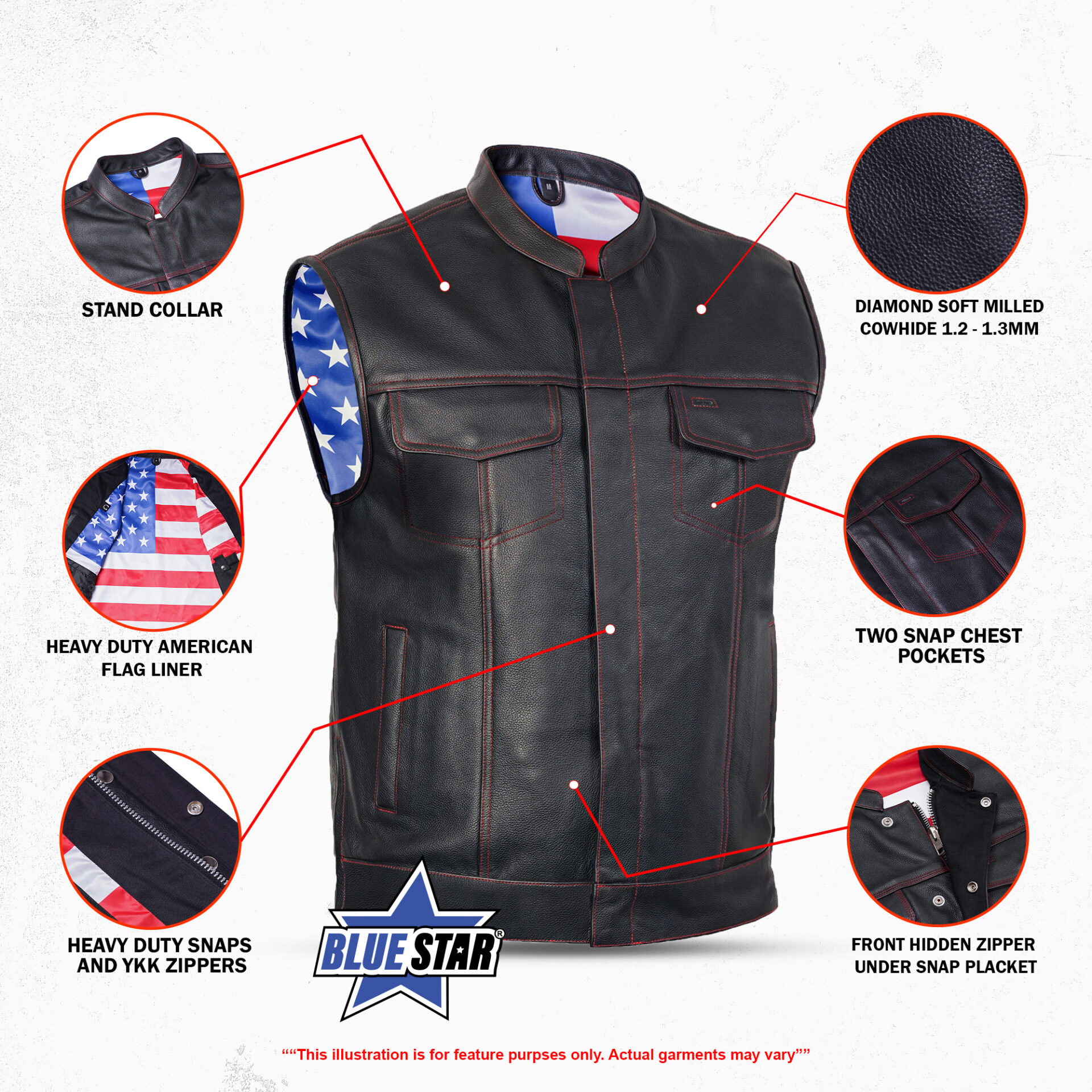 BSM1522 MEN'S LEATHER VEST WITH RED STITCHING AND USA INSIDE FLAG LININ - Image 3