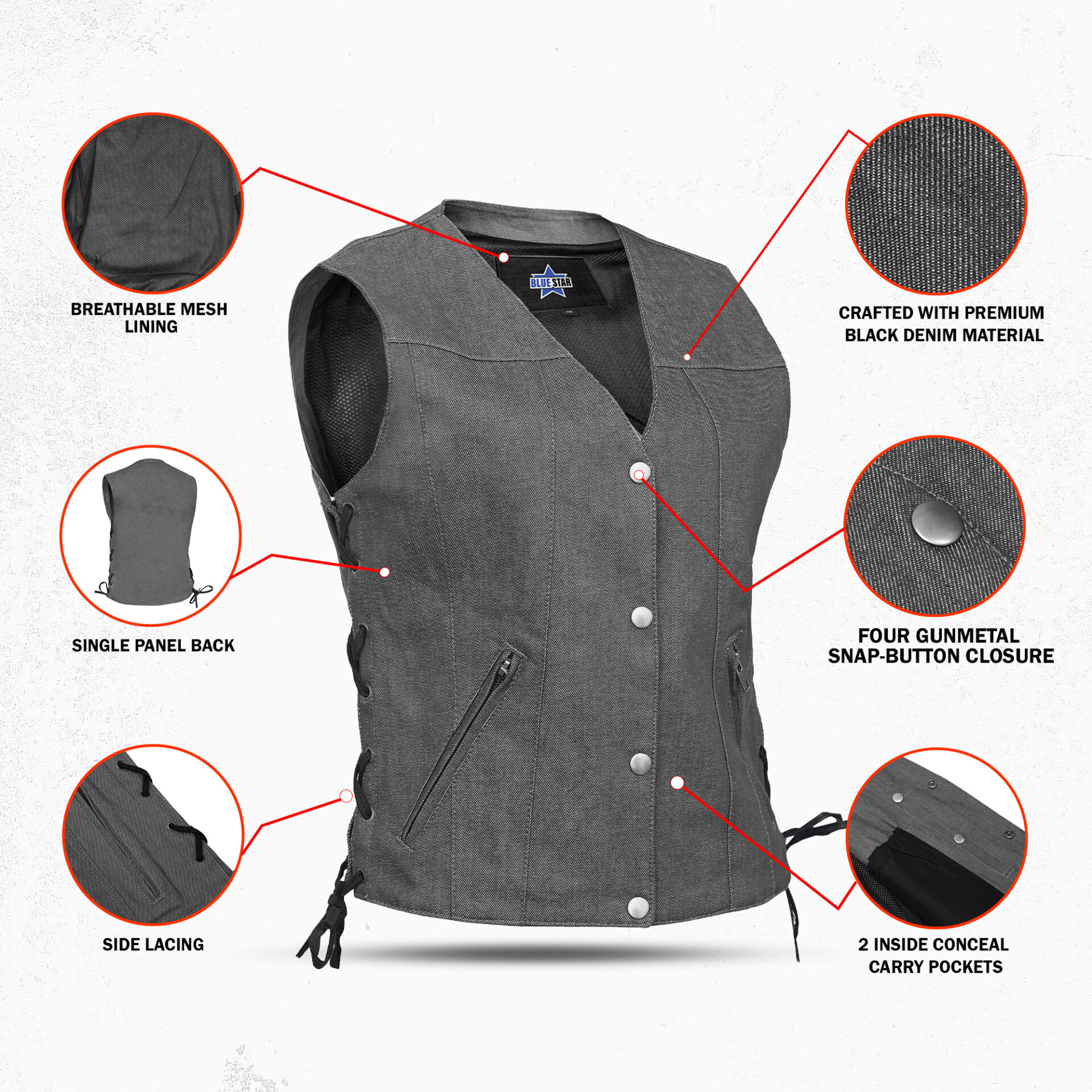 BSM2545 Women's Rough Rub-Off Raw Finish Broken Gray Denim Vest - Image 3