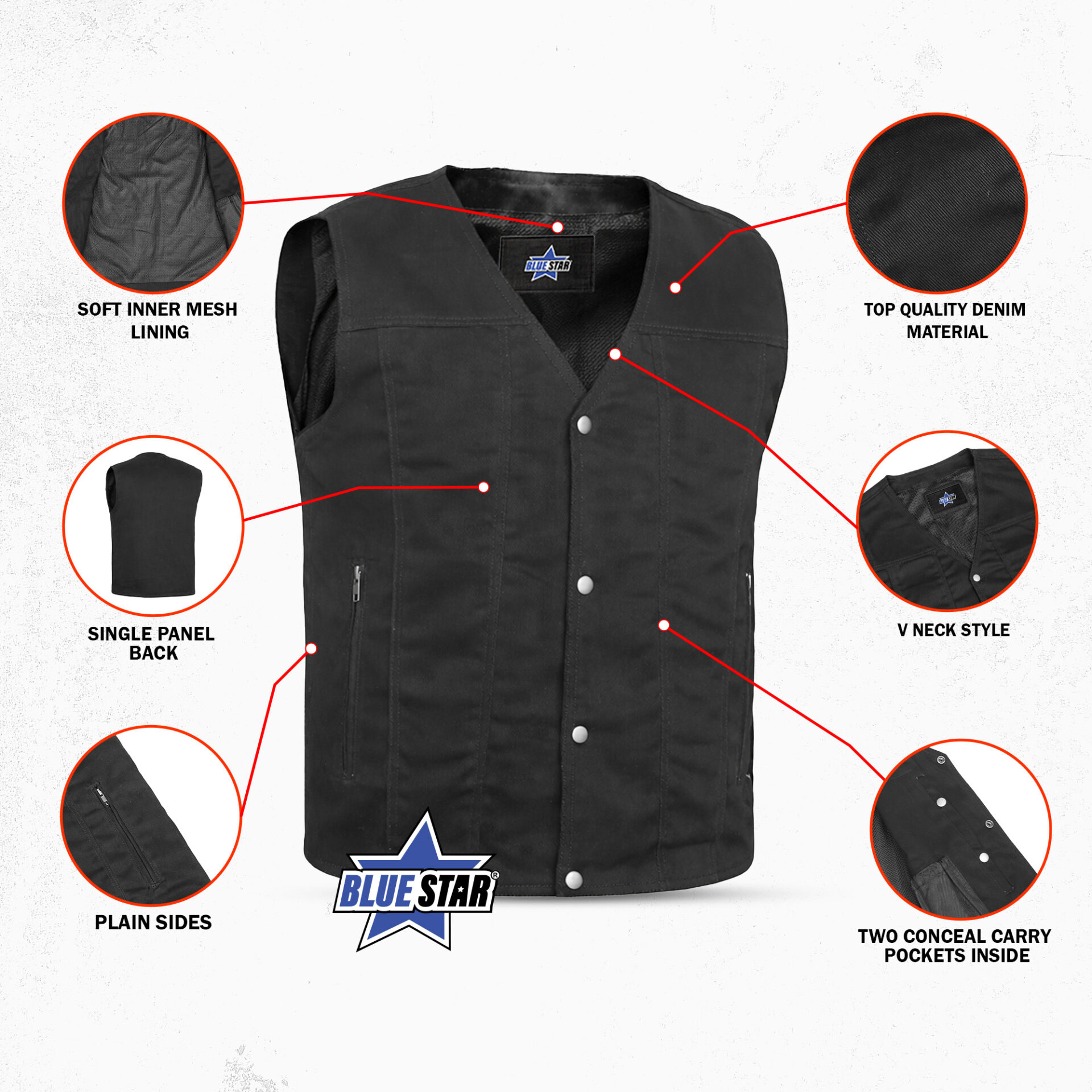 BSM1544 Men's Single Back Panel Concealed Carry Denim Vest - Image 3