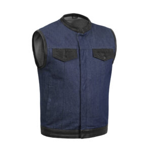 BSM1558 Men's Broken Blue RoughRub-Off Raw Finish Denim Vest W/Leather