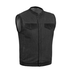 BSM1543 Men's Rough Rub-Off Raw Finish Denim Vest W/Leather Trim - Scoo