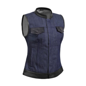 BSM2546 Women's Broken Blue Rough Rub-Off Raw Finish Denim Vest W/Leath