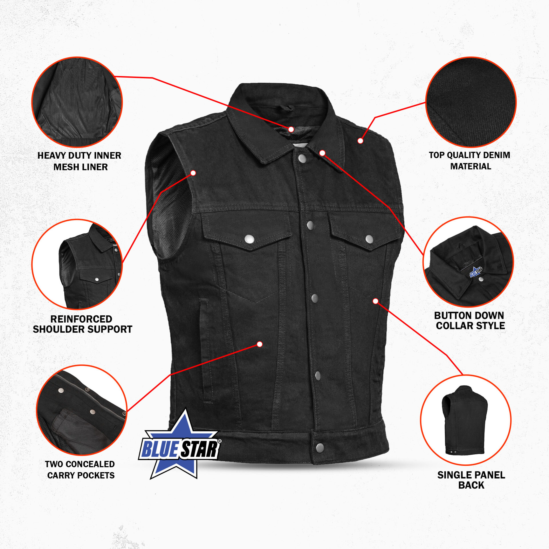 BSM1567 Snap Front Denim Vest- Black - Image 3