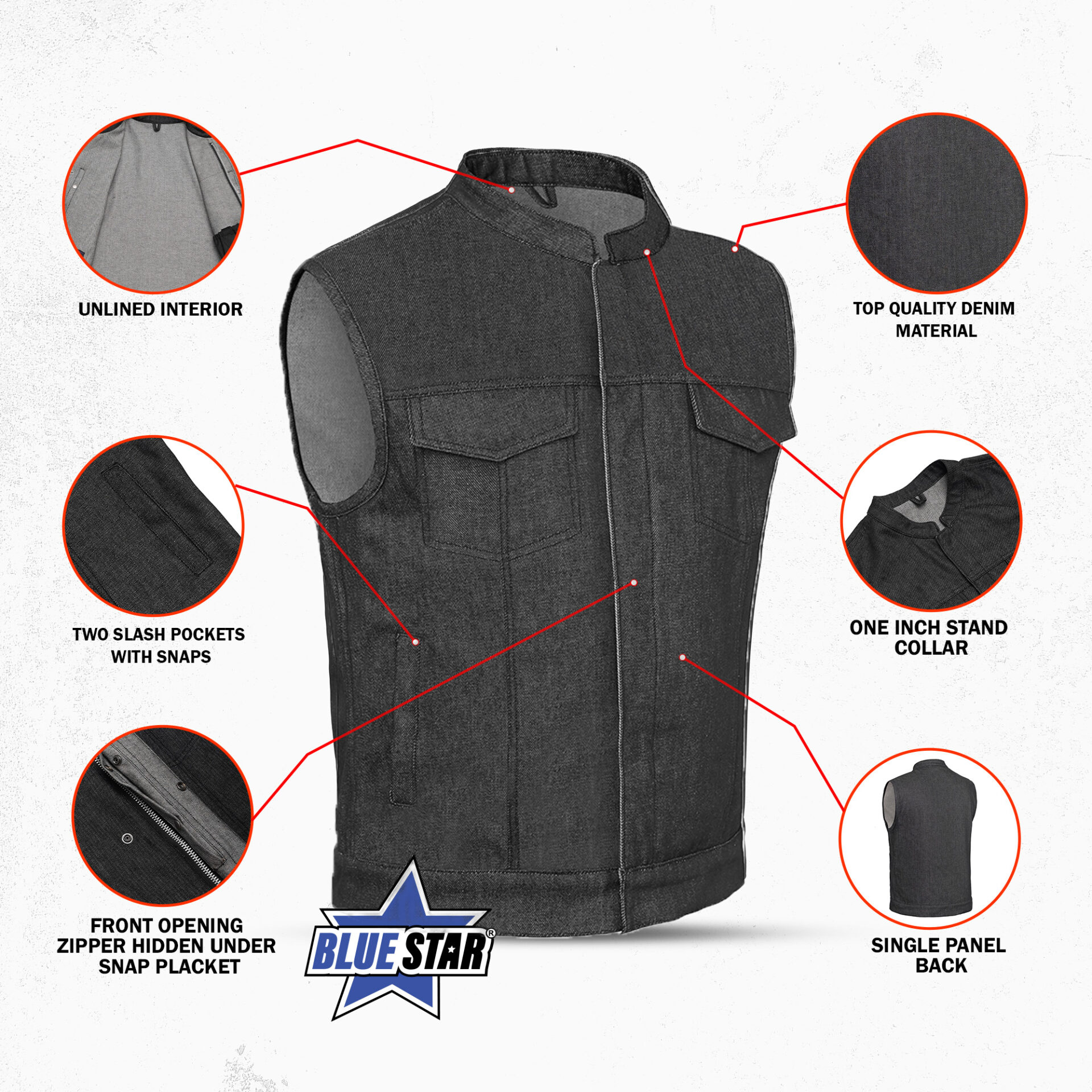 BSM1564 Men's Rough Rub-Off Raw Finish Denim Vest - Image 3