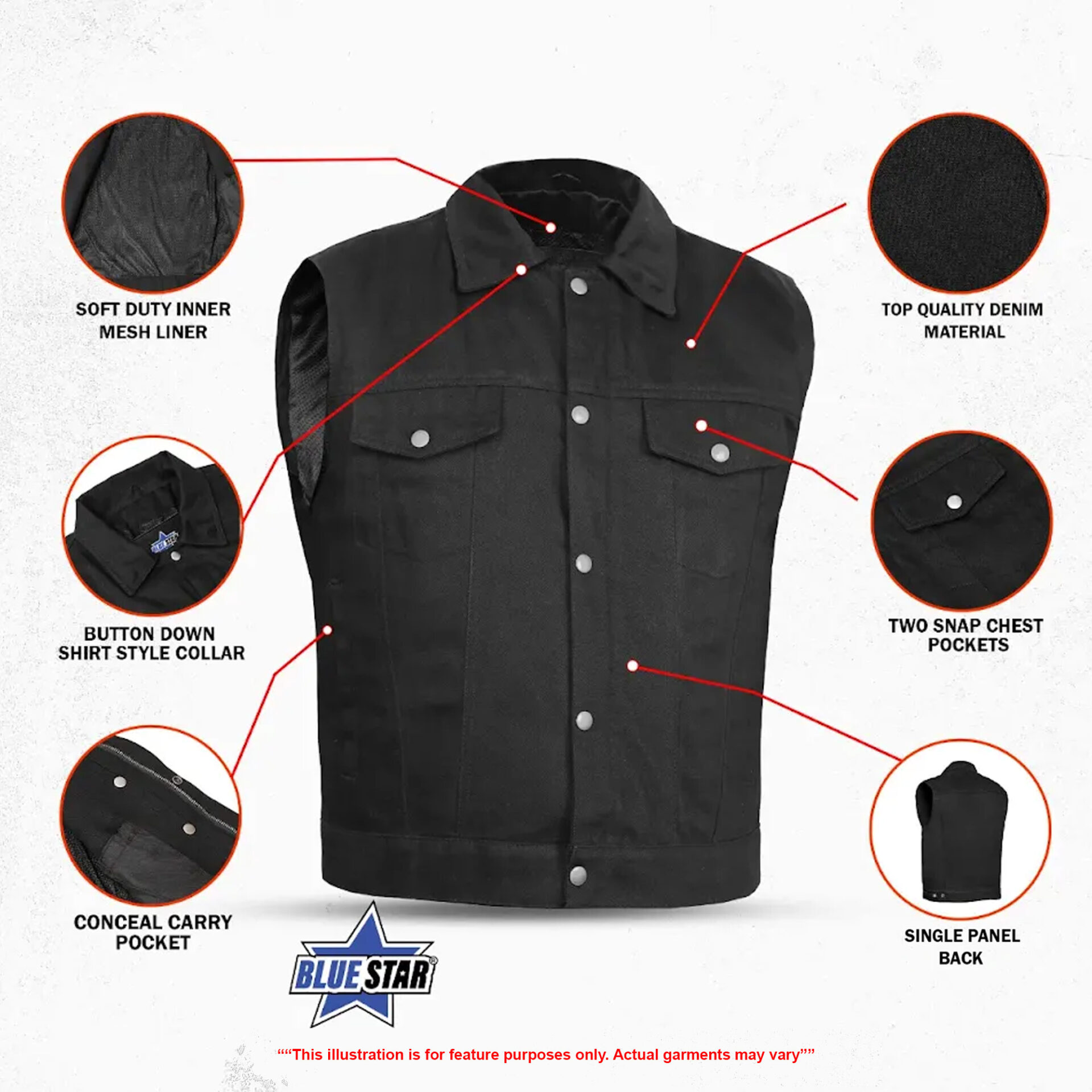 BSM1512 Snap/Zipper Front Denim Vest- Black - Image 3