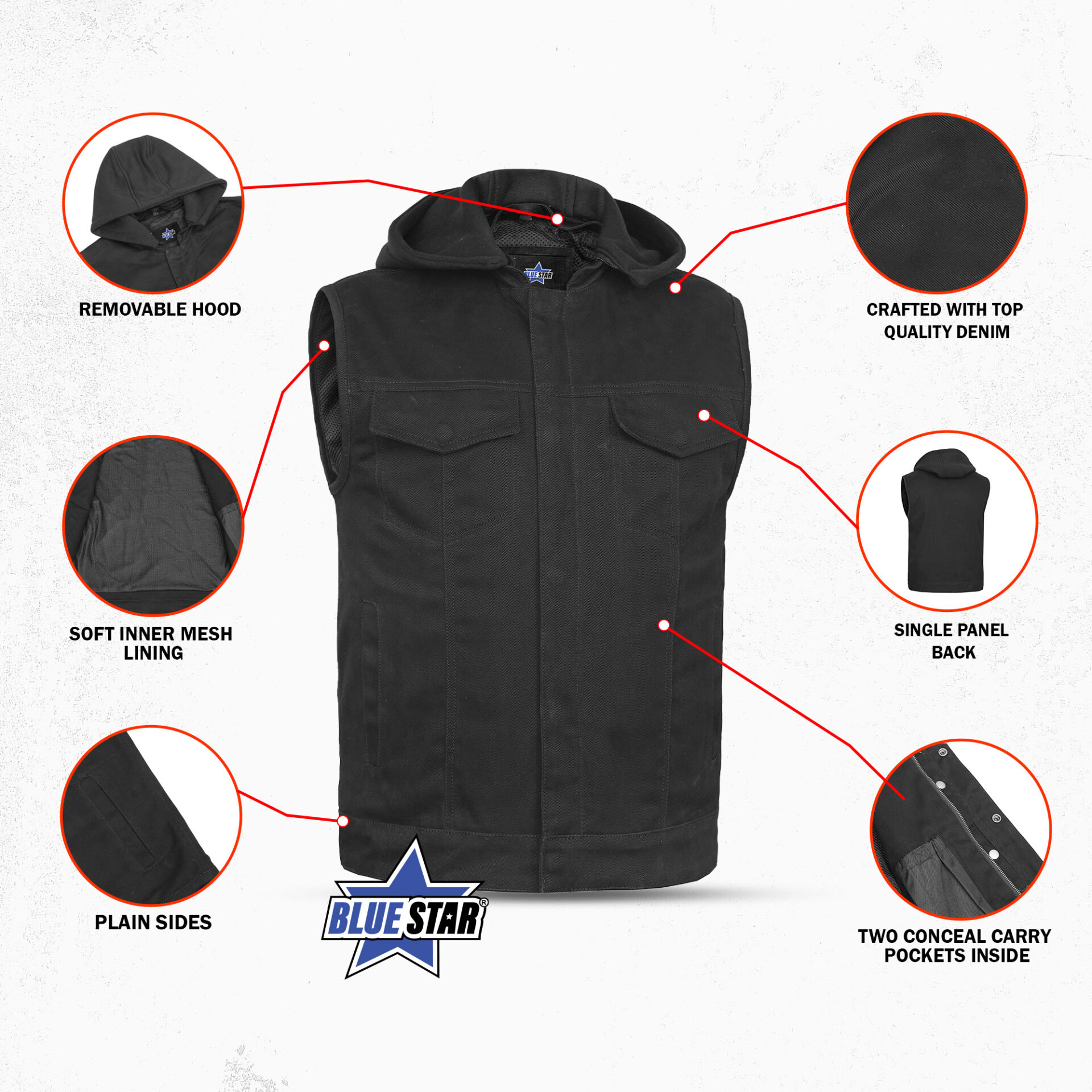 BSM1565 Men's Black Denim Single Back Panel Concealment Vest w/Rem - Image 3