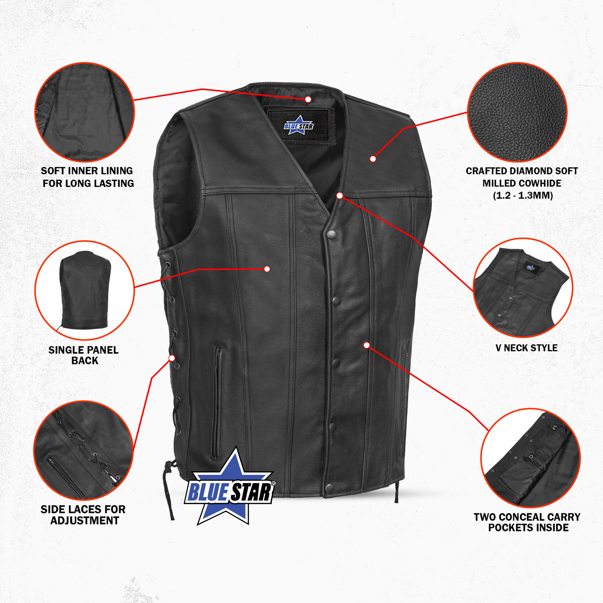 BSM1554 Men's Tall Classic Tapered Bottom Biker Leather Vest - Image 3