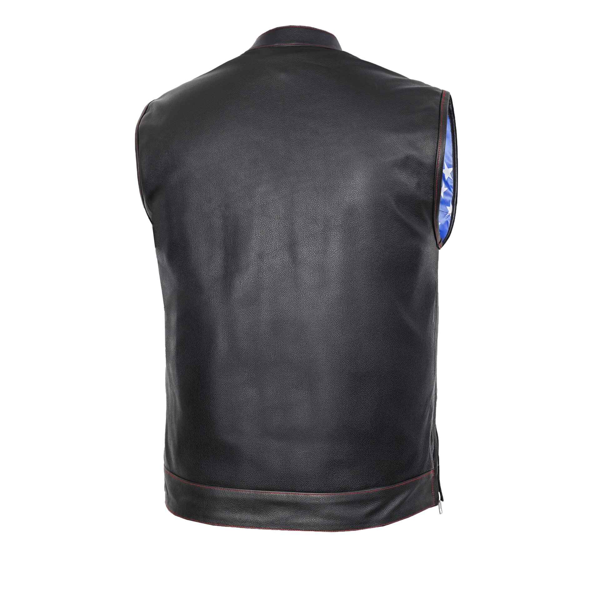 BSM1522 MEN'S LEATHER VEST WITH RED STITCHING AND USA INSIDE FLAG LININ - Image 2