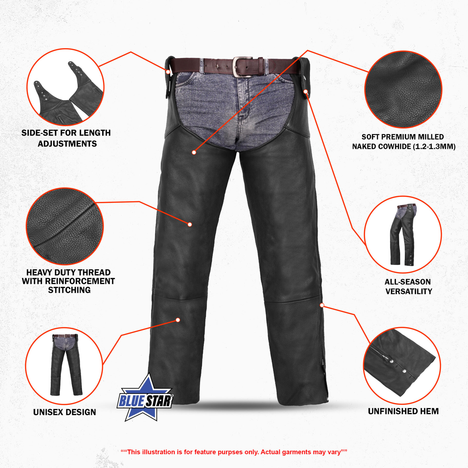 BSM3107 Unisex Adjustable Side Snap Beltless Chap - Image 3