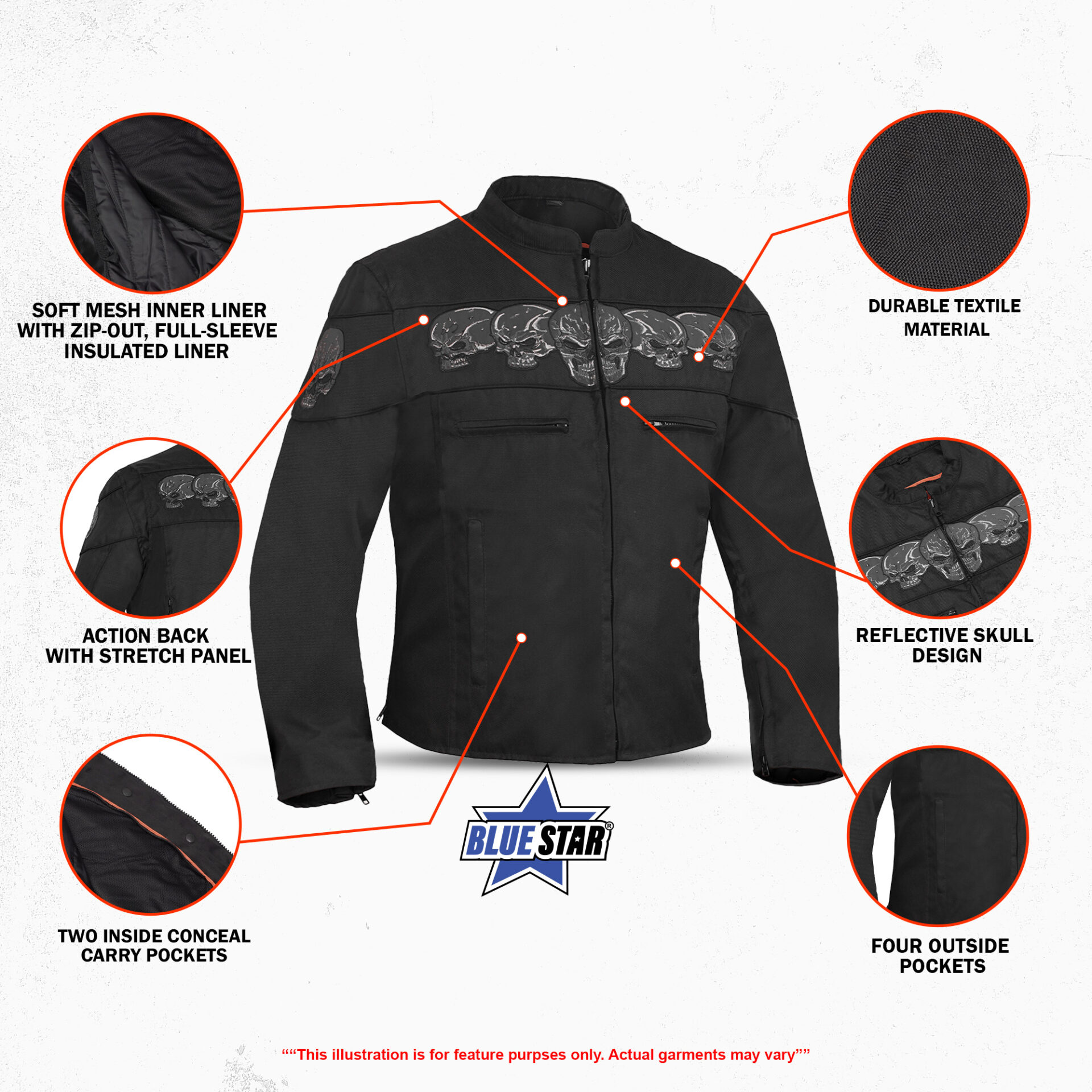 BSM1103 Men's Textile Scooter Style Jacket w/ Reflective Skulls - Image 3