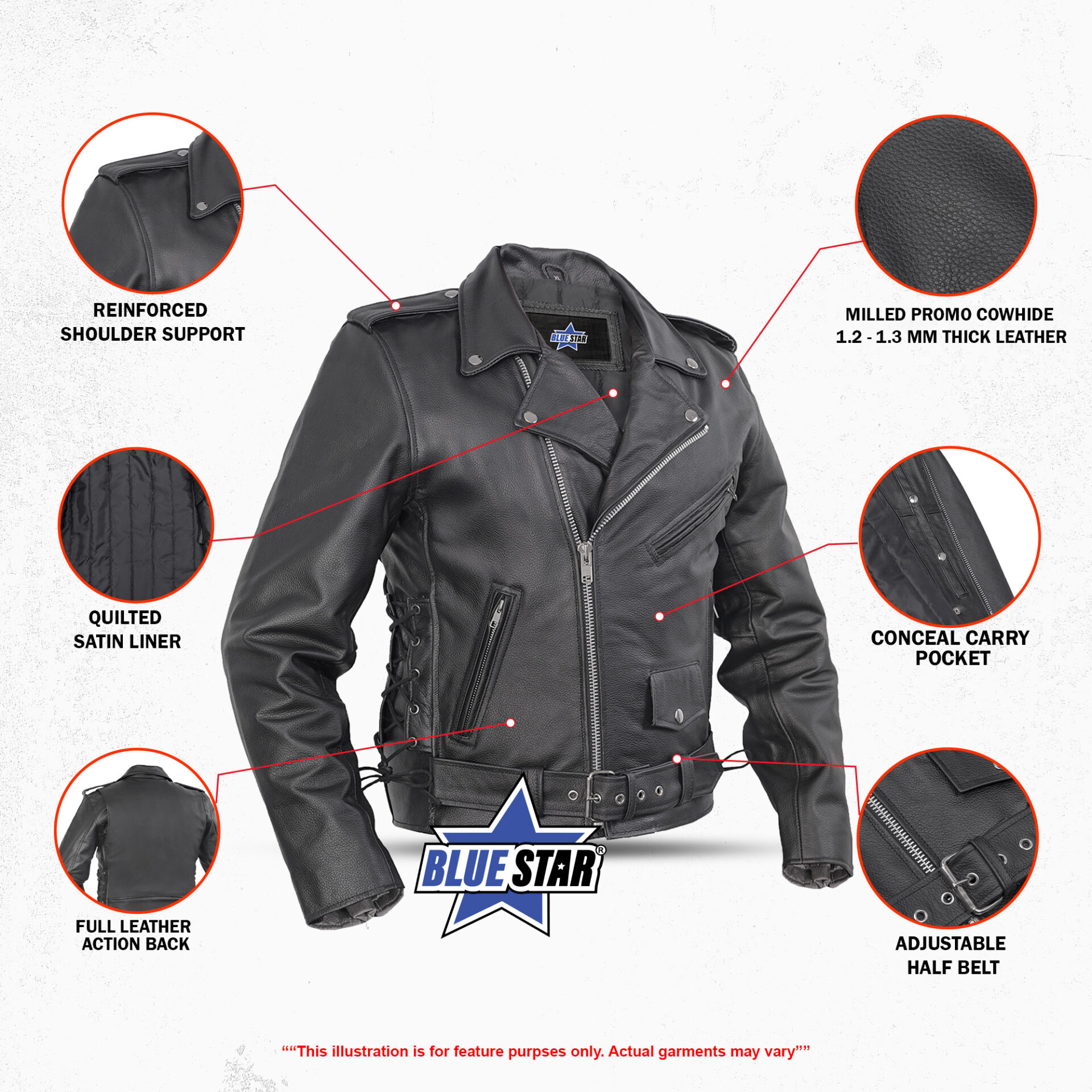 BSM1141 Economy Motorcycle Classic Biker Leather Jacket - Side Laces - Image 3
