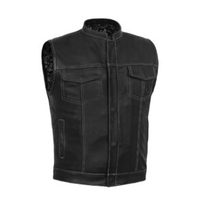 BSM1582 Men’s Paisley Black Leather Motorcycle Vest with White Stitching