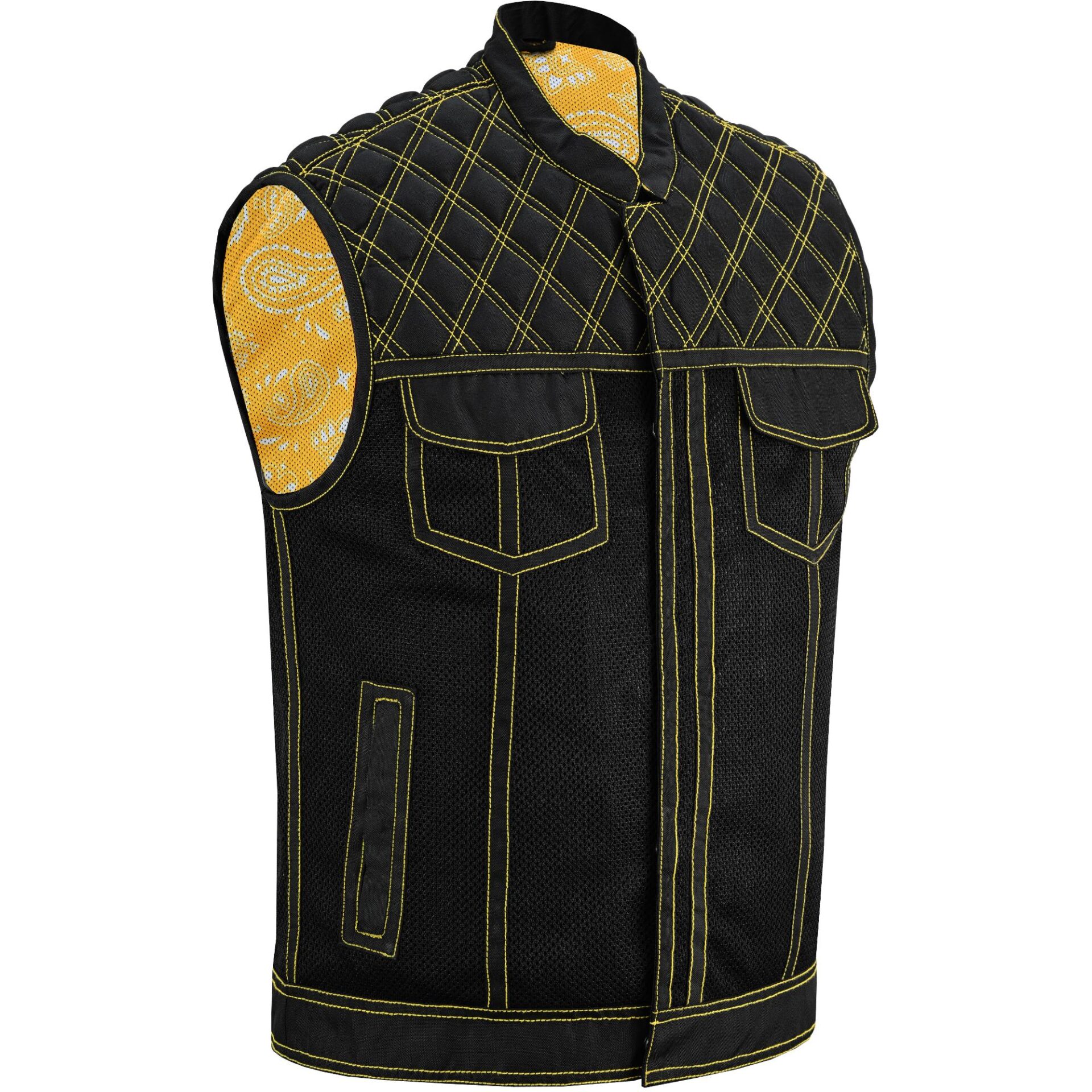 BSM4601 Nitro Rush Men’s Black Mesh Textile Vest with Yellow Diamond Stitch