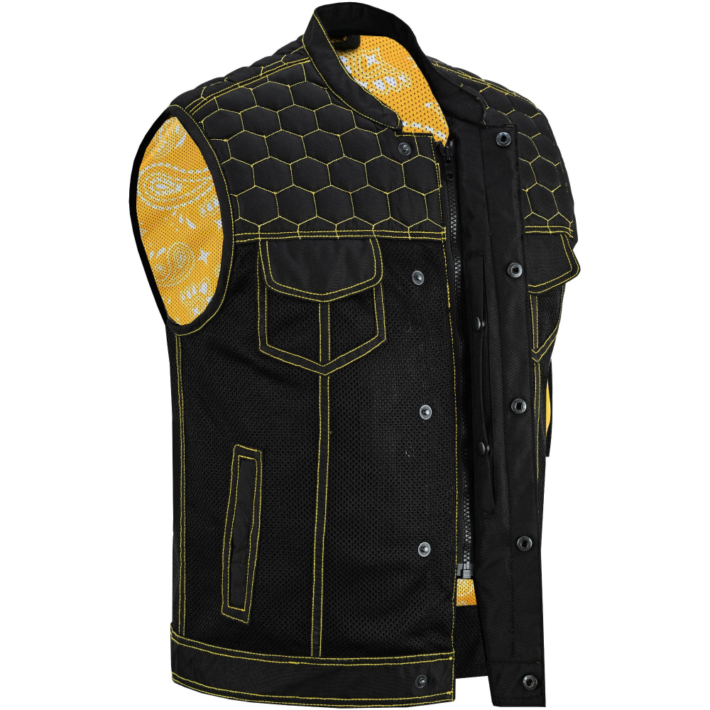 BSM4603 Gloom Gold Men’s Black Mesh Textile Vest with Yellow Thread Detailing - Image 7