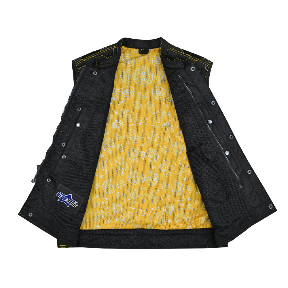 BSM4603 Gloom Gold Men’s Black Mesh Textile Vest with Yellow Thread Detailing - Image 9