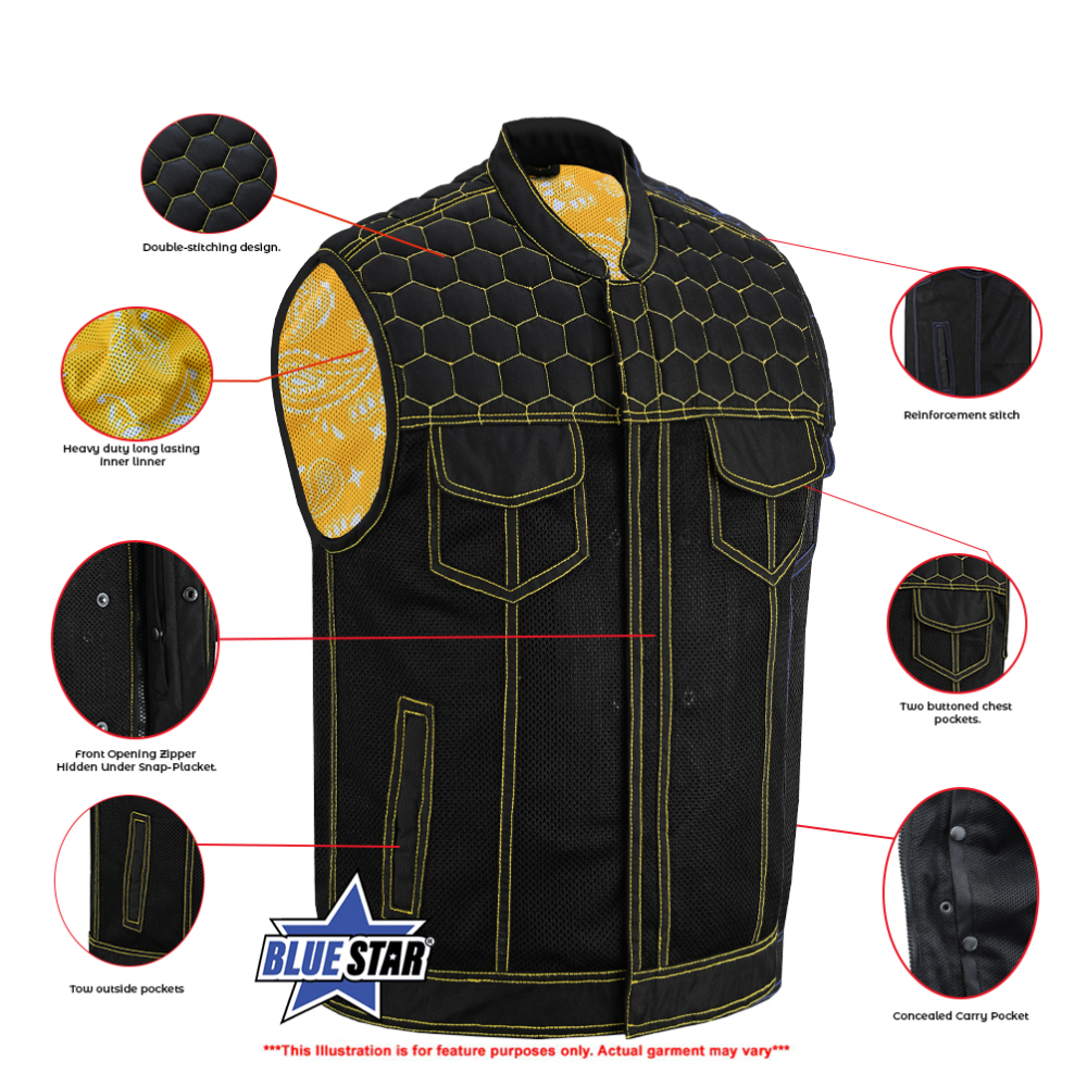 BSM4603 Gloom Gold Men’s Black Mesh Textile Vest with Yellow Thread Detailing - Image 2