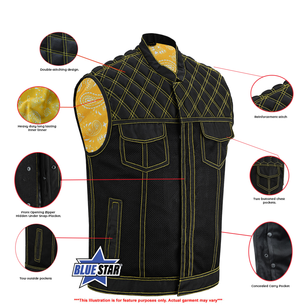 BSM4601 Nitro Rush Men’s Black Mesh Textile Vest with Yellow Diamond Stitch - Image 3
