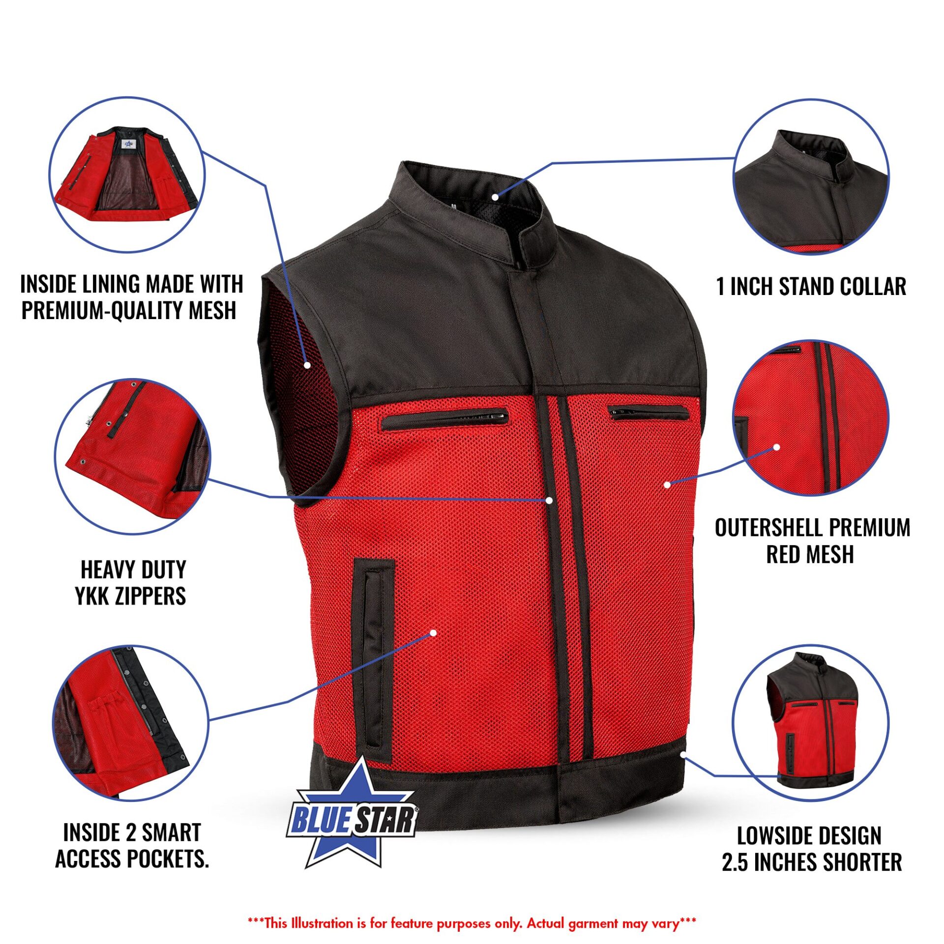 BSM4611 - Blaze Red Men’s Motorcycle Mesh Vest - Image 2