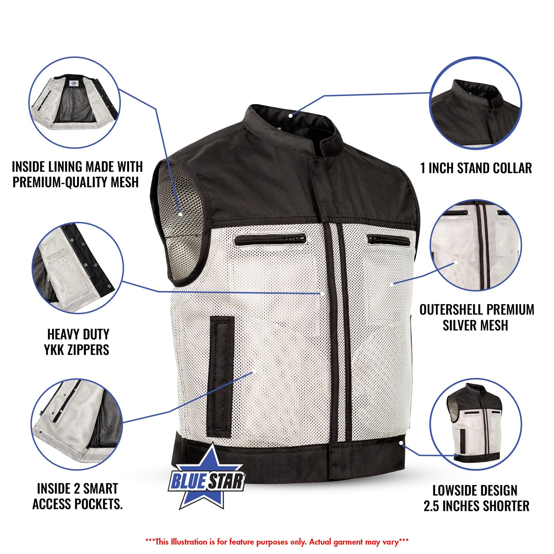 BSM4612 - Blaze Silver Men’s Motorcycle Mesh Vest - Image 2