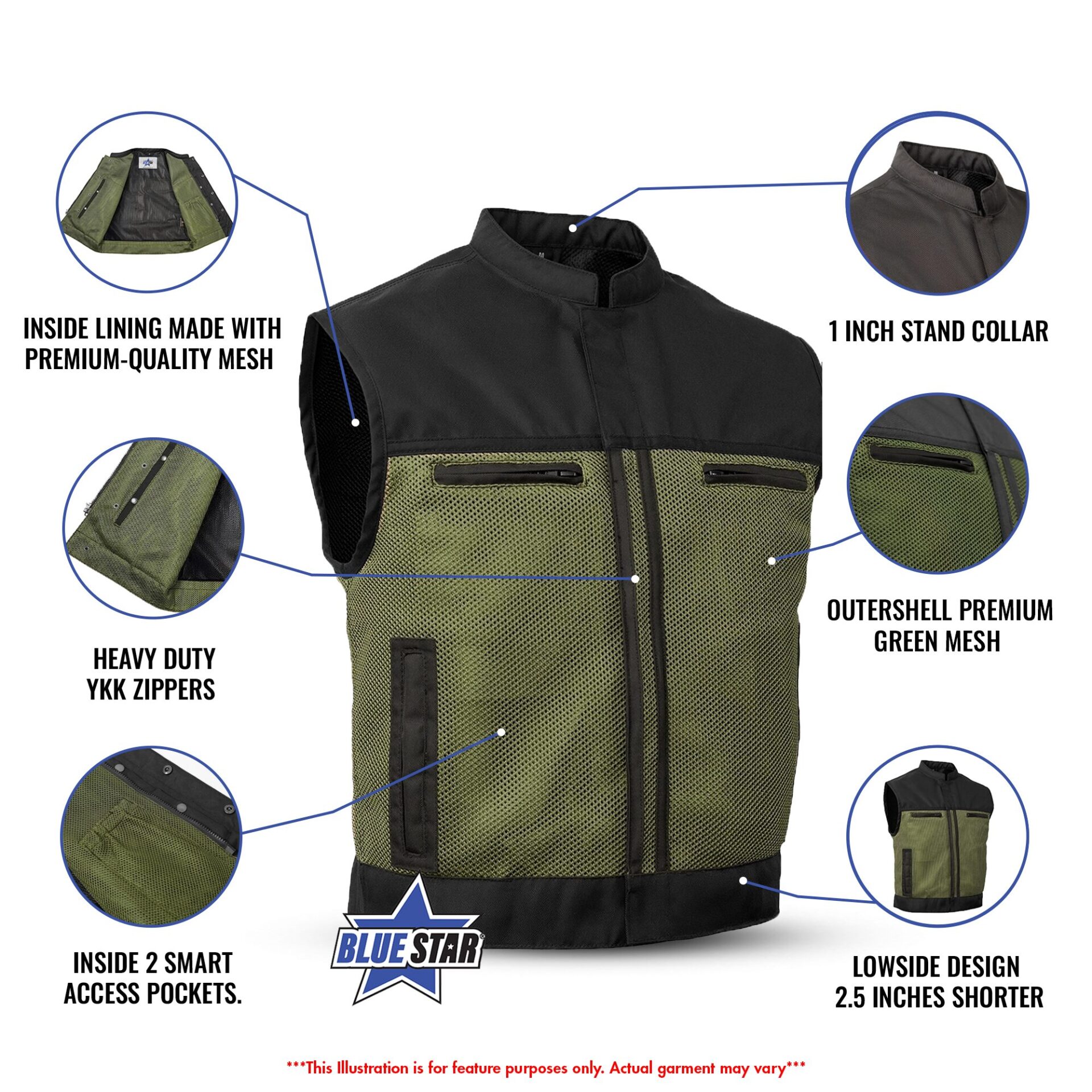 BSM4609 - Blaze Green Men’s Motorcycle Mesh Vest - Image 2