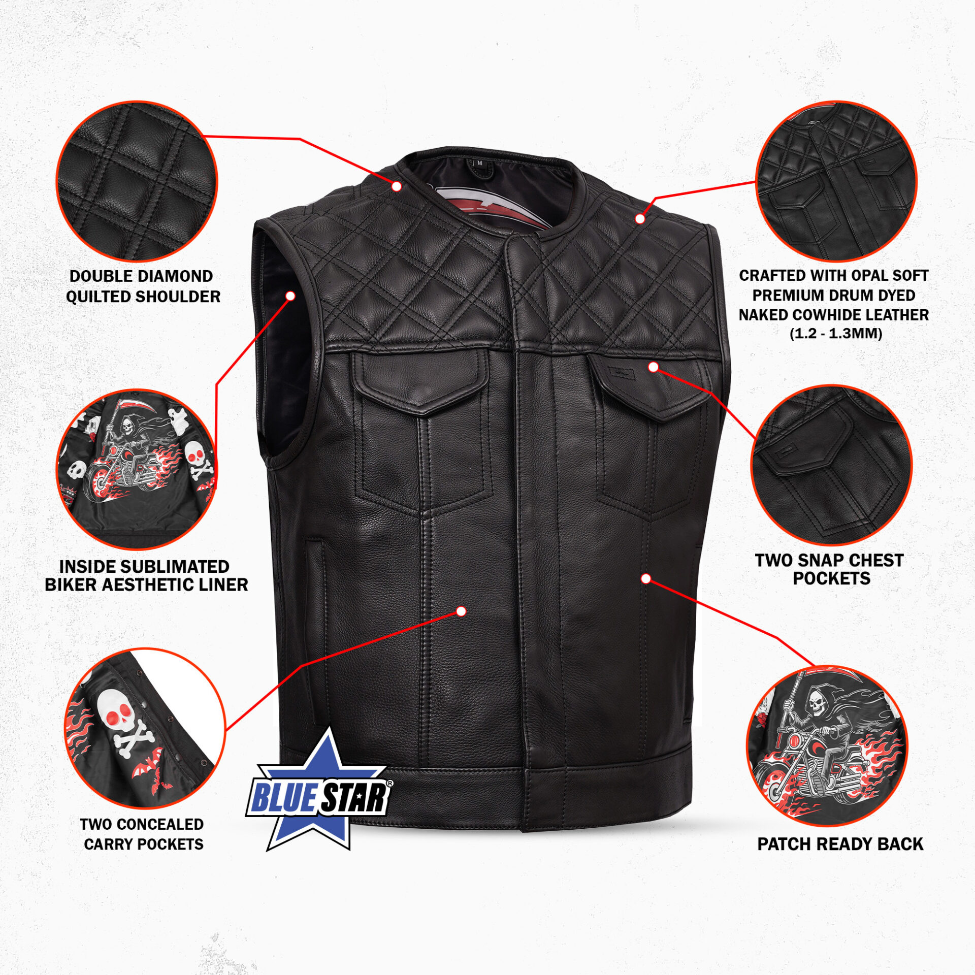 BSM5049 Nocturne Men’s Leather Motorcycle Vest - Image 3